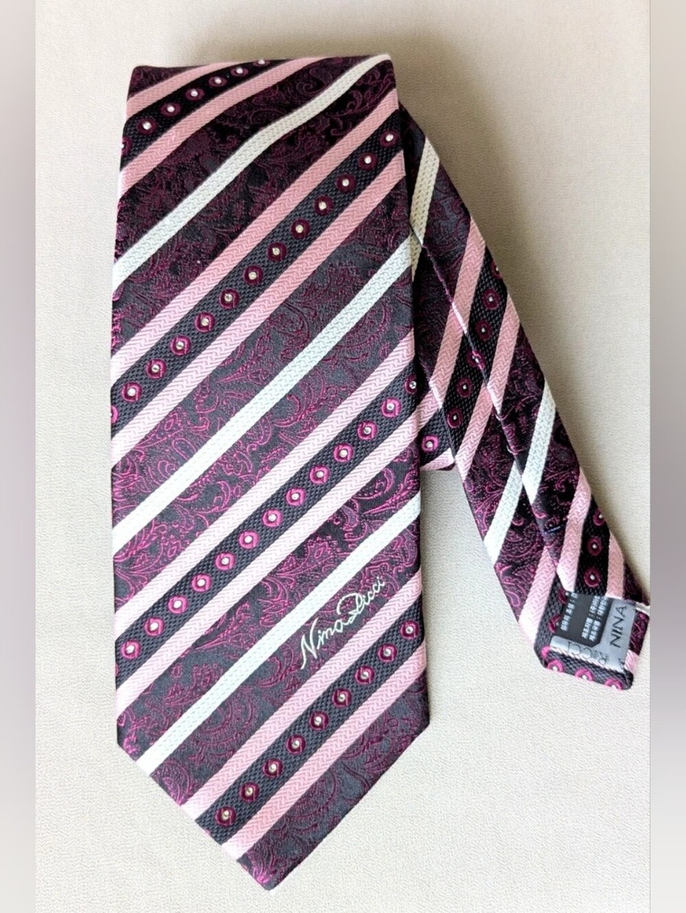 NWOT Nina Ricci 100% Silk Tie Paisley Rhinestones Stripes